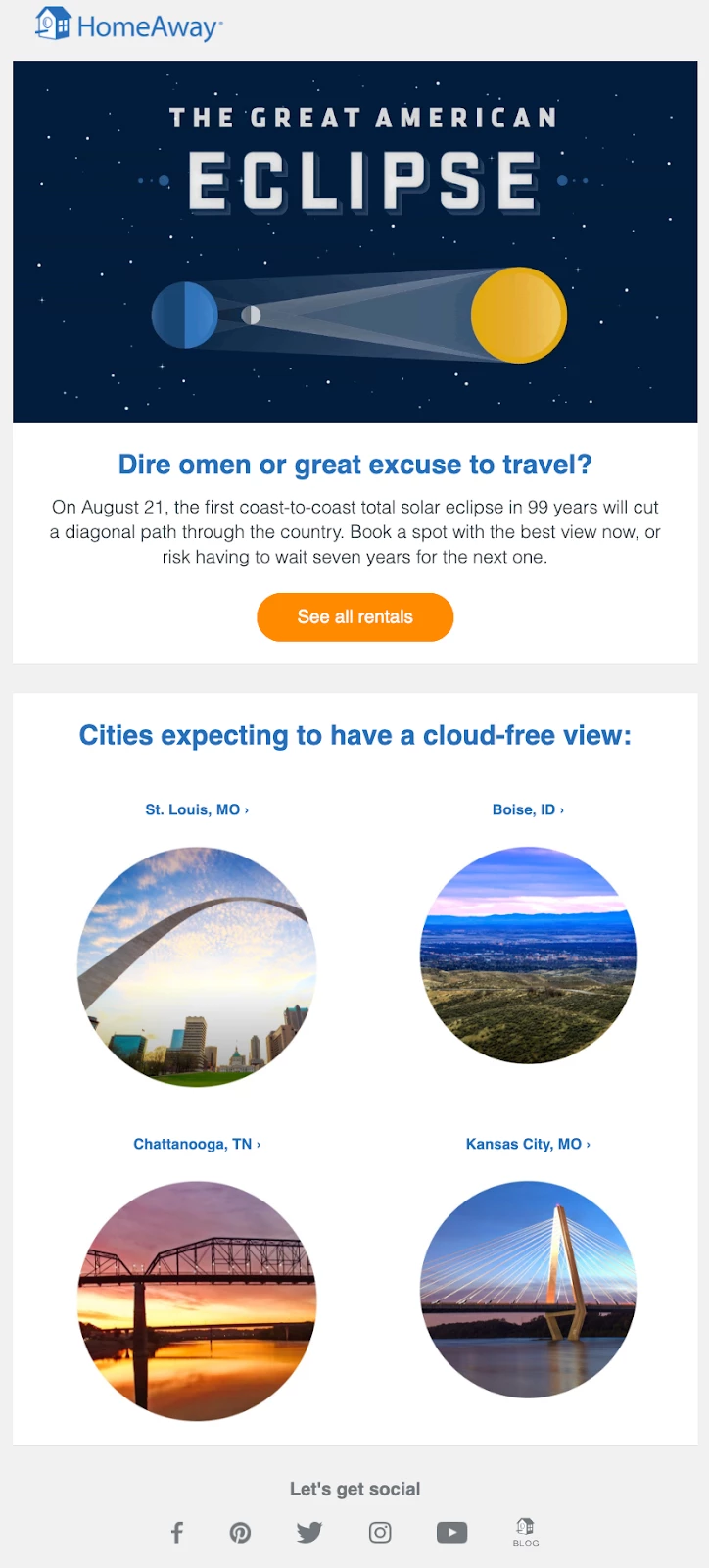 HomeAway June newsletter with an eclipse graphic and 4 images of ideal viewing cities.