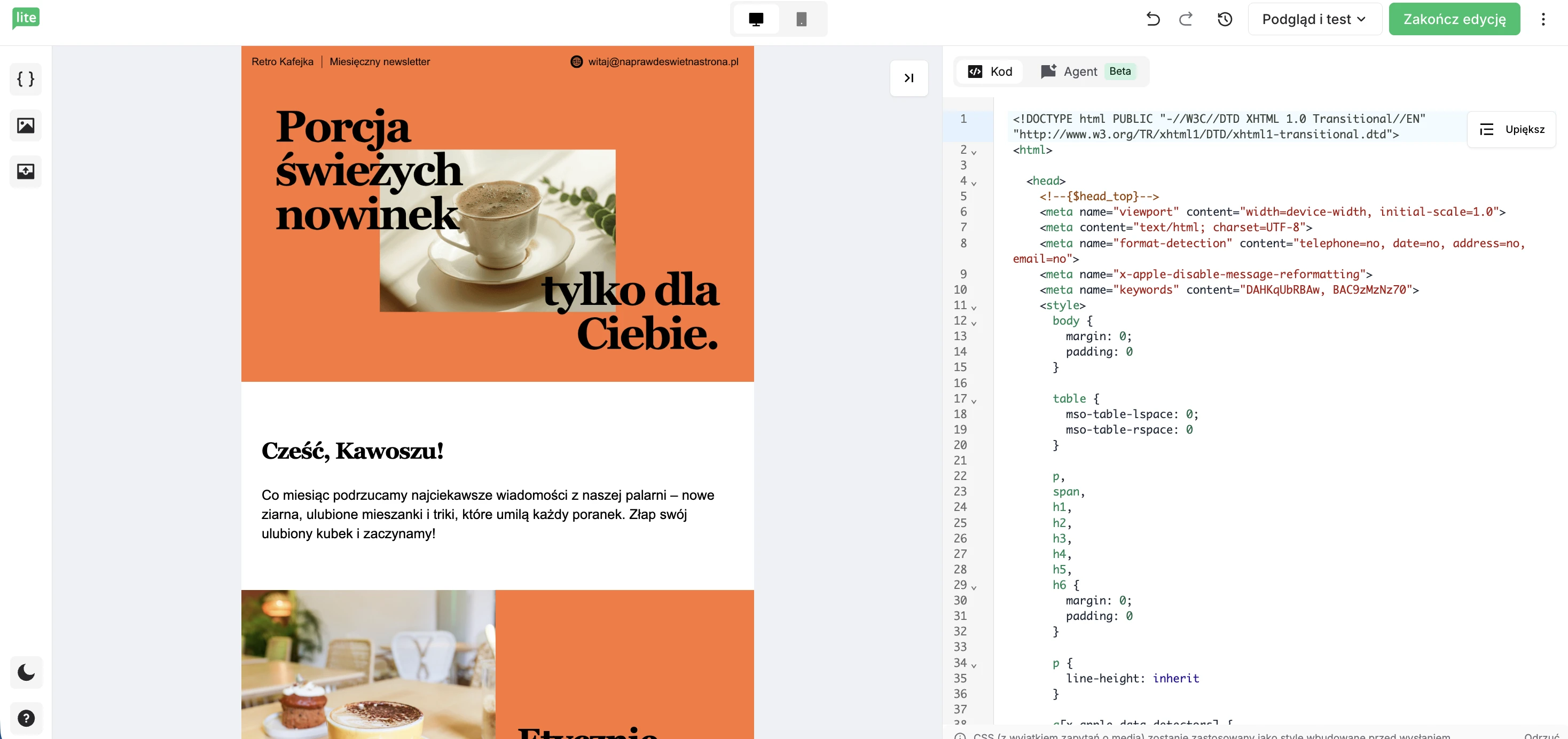 Newsletter z Canvy w edytorze HTML MailerLite