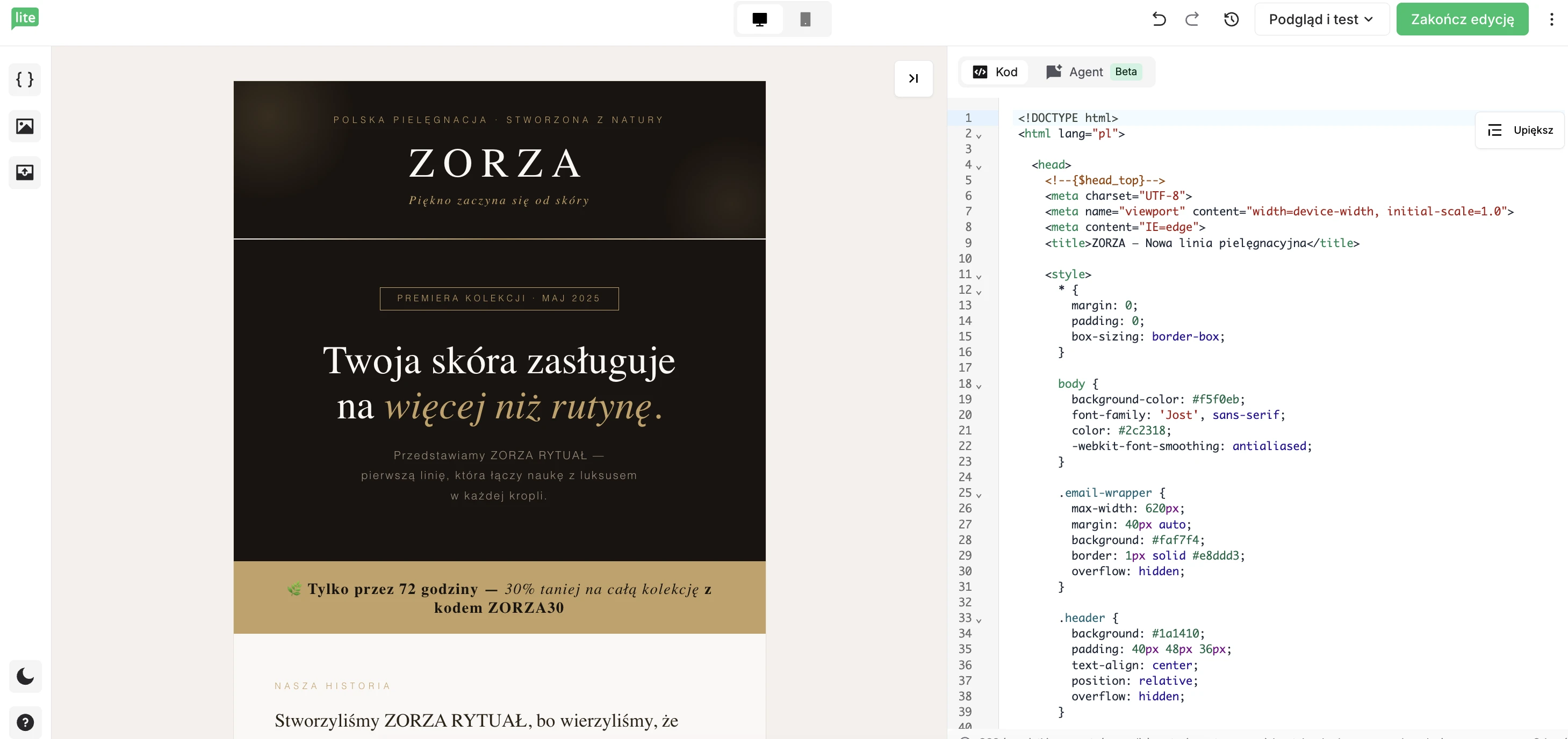 Panel edytora HTML z agentem AI w akcji