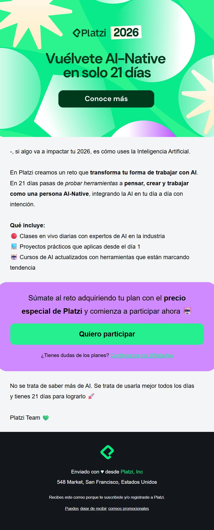 Correo de Platzi promocionando un webinar