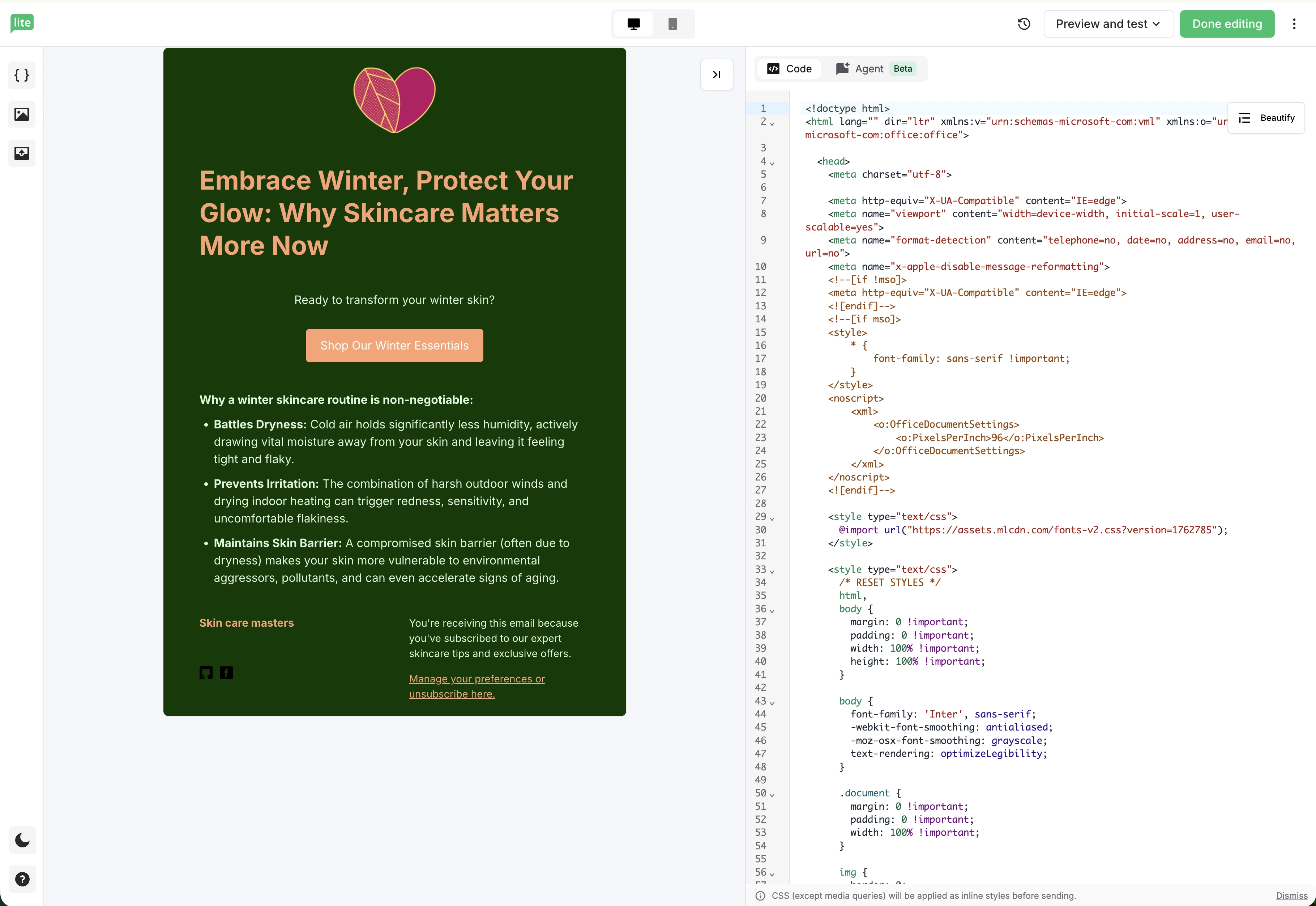The Custom HTML editor dashboard with the AI agent in action