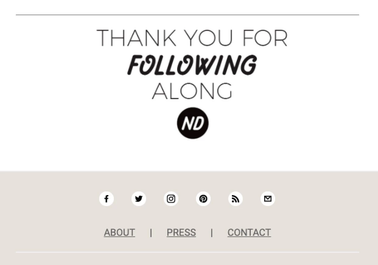 New Darlings email sign-off thank you for following social media icons