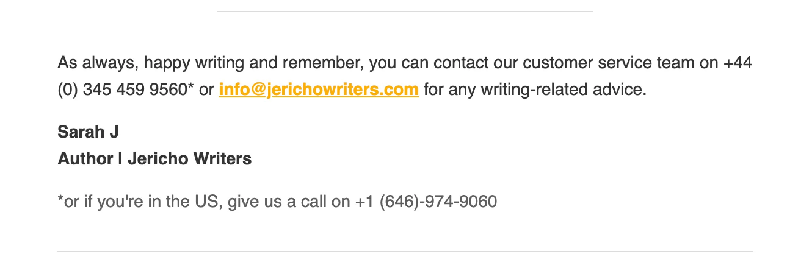 Jericho Writers email sign-off example contact information
