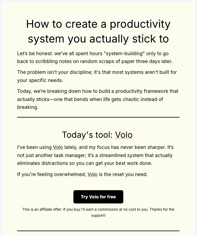A screenshot fo a MailerLite newsletter with an affiliate offer as an ad spot
