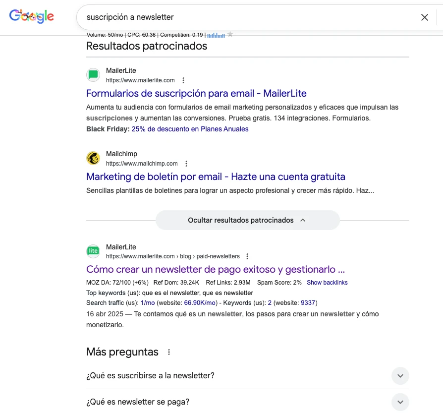 captura de pantalla con listado en página de google