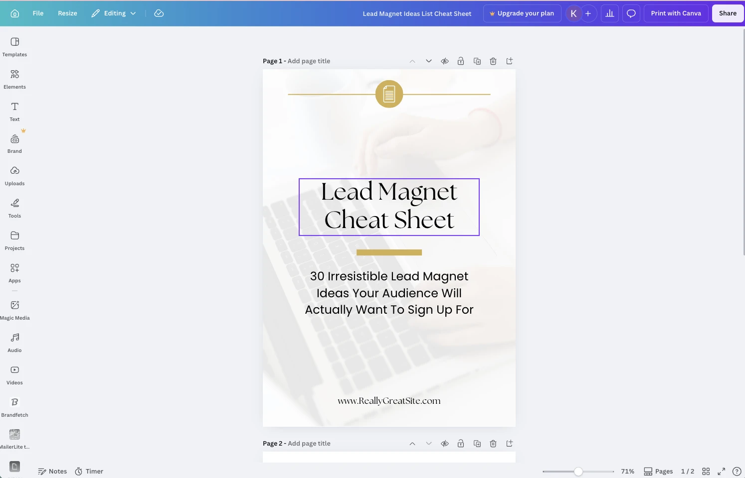 A lead magnet created in Canva