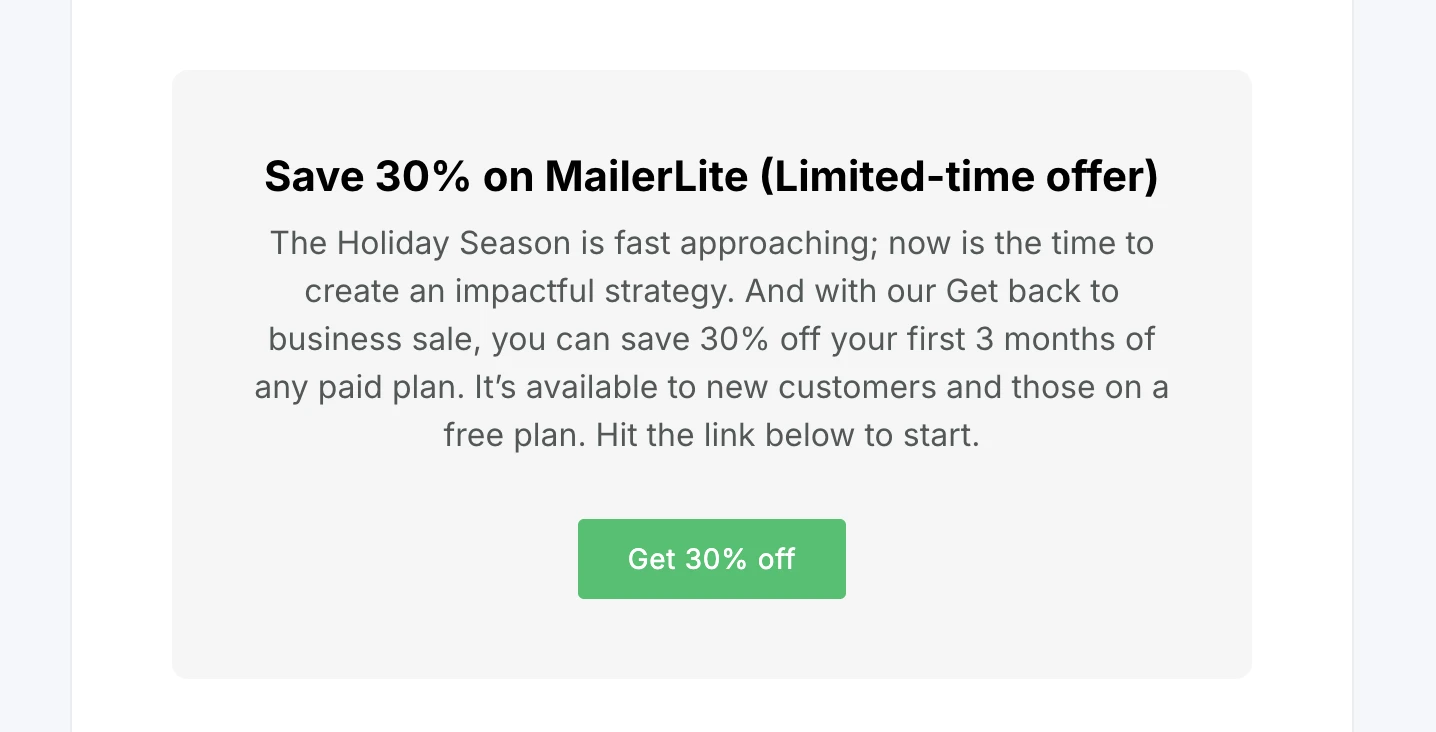 Screenshot of a saved content block in the MailerLite editor