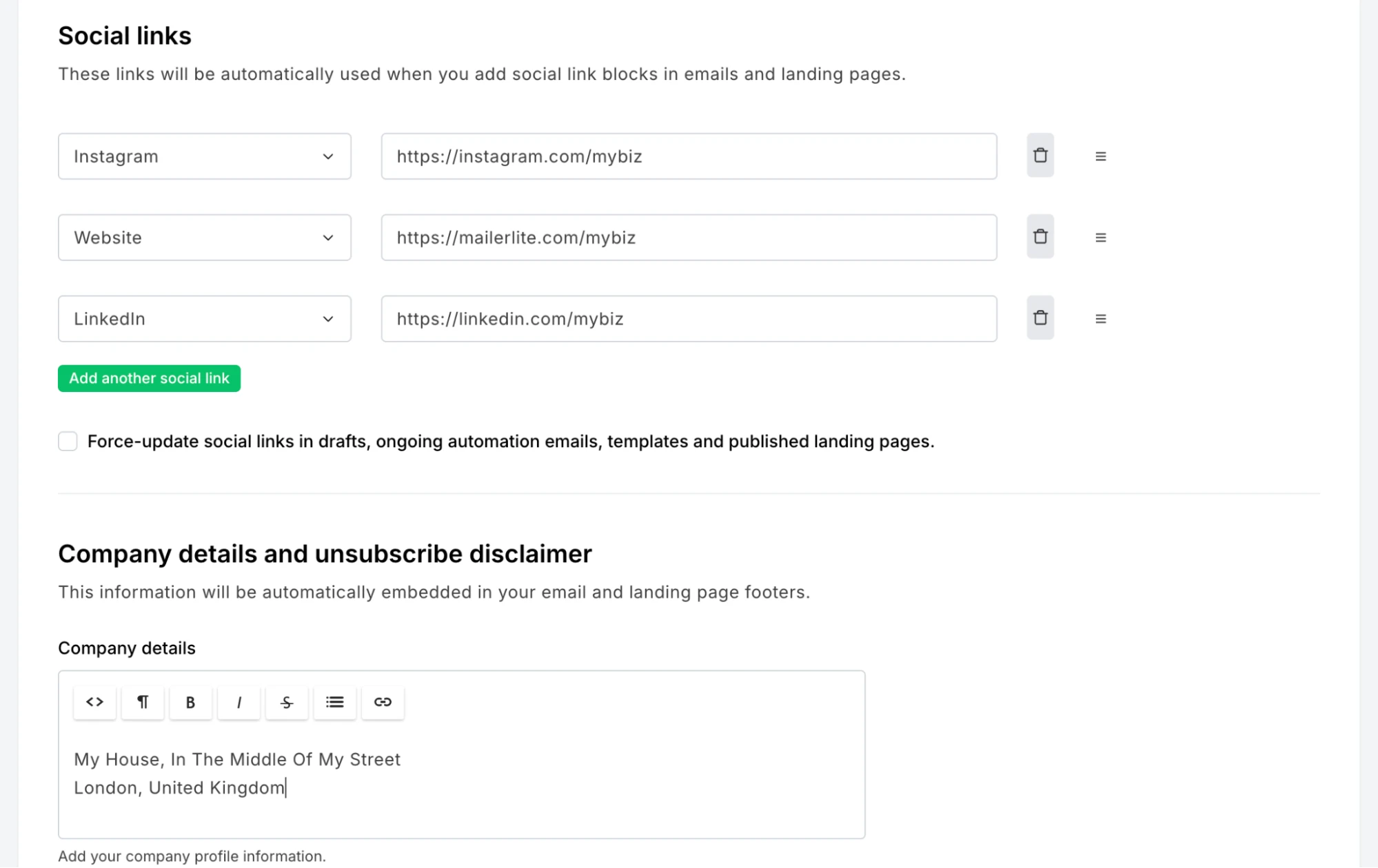 Default settings in the MailerLite settings menu