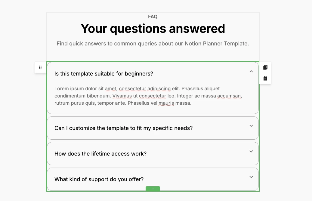 Screenshot of an FAQ section built with the MailerLite accordion block