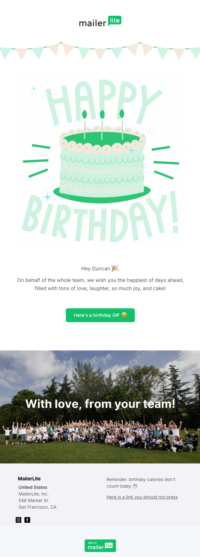 Screenshot of the MailerLite birthday email