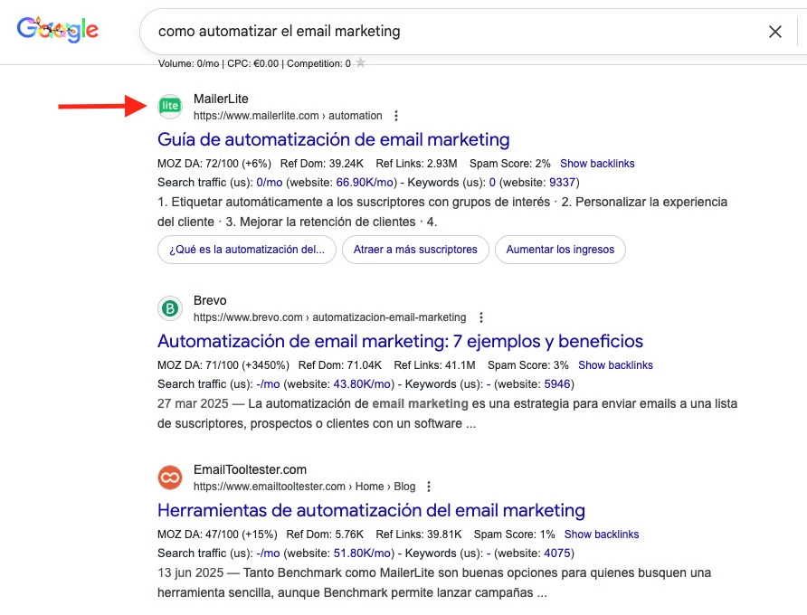 captura de pantalla de página google indicando posicionamiento de landing page de mailerlite