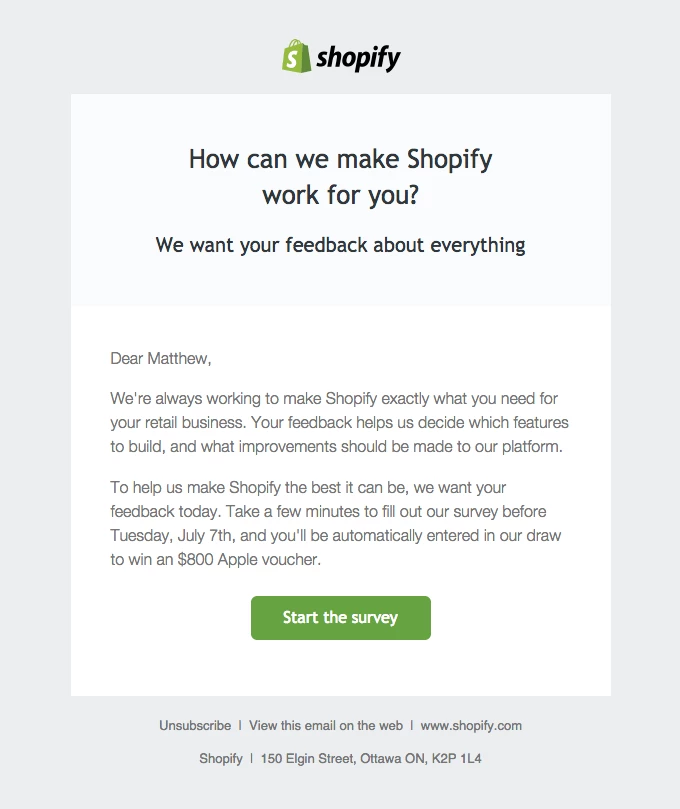 Shopify survey email example offering Apple voucher 