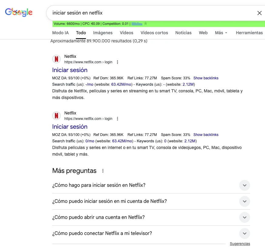 vista de resultados en página de búsqueda de google