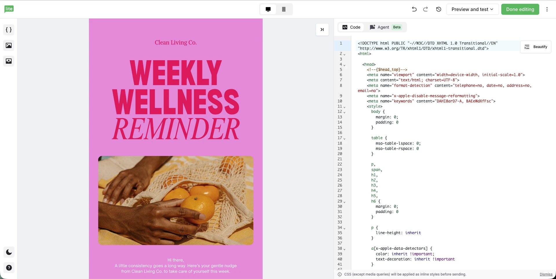 A Canva newsletter in the MailerLite HTML editor