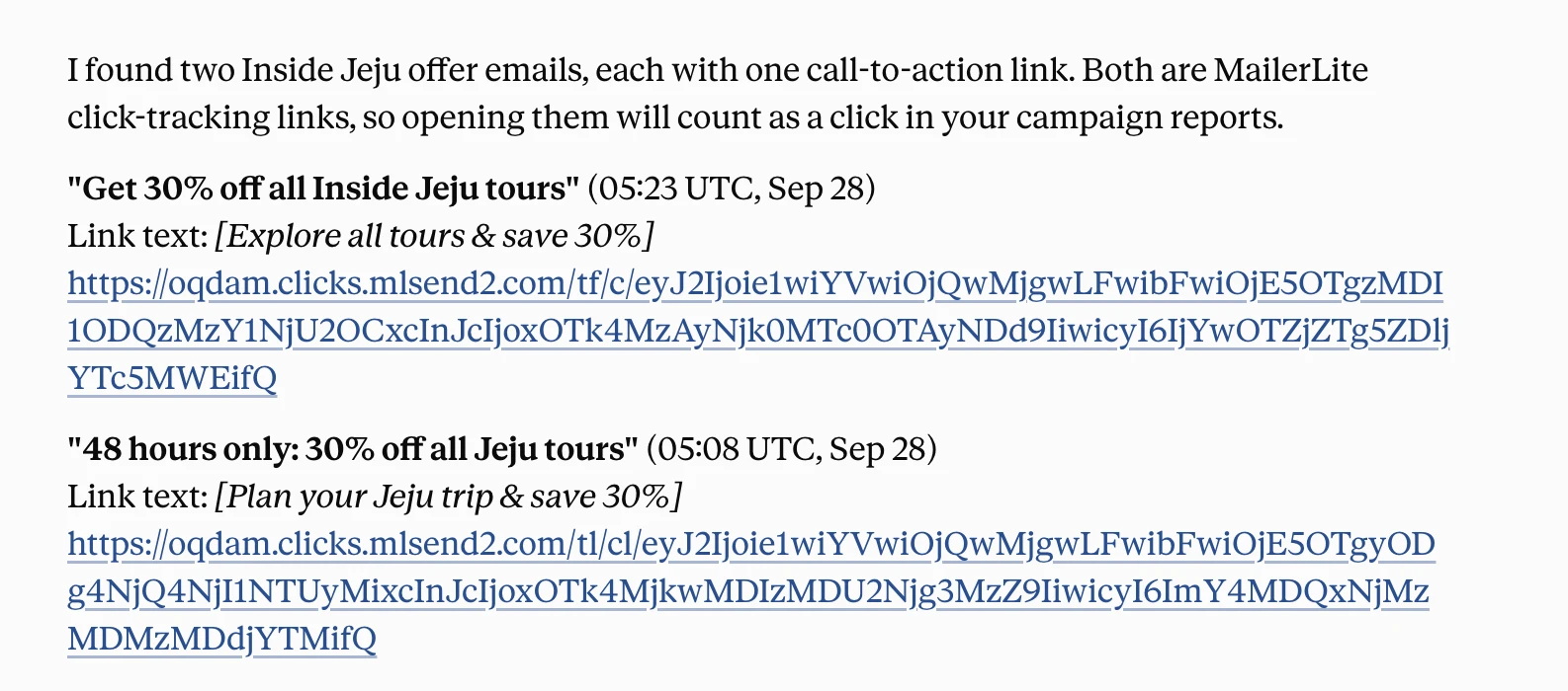 Screenshot of email links gathered by Claude