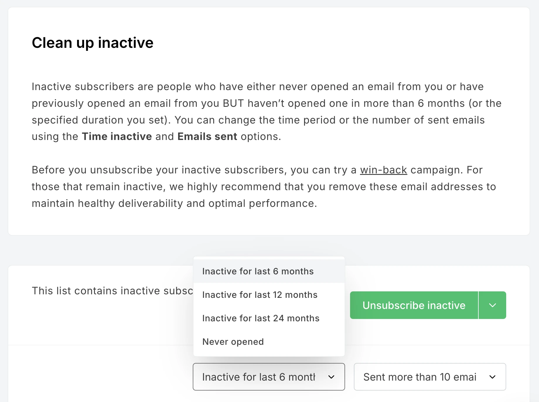 MailerLite clean up inactive settings
