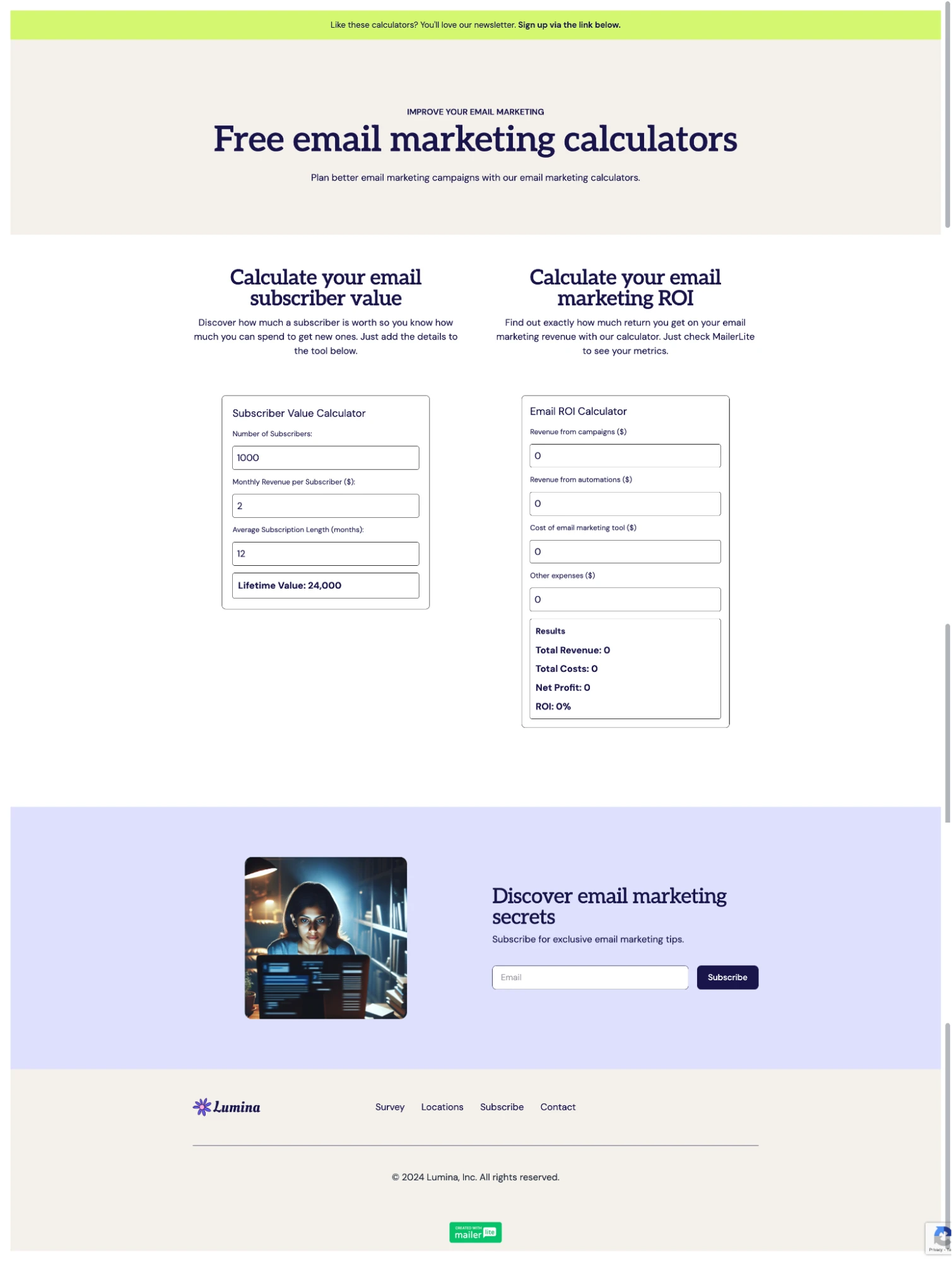 screenshot of an interactive calculator in a MailerLite website