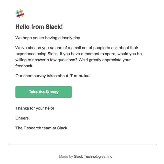 Survey invitation example from Slack with approximate time needed to complate survey