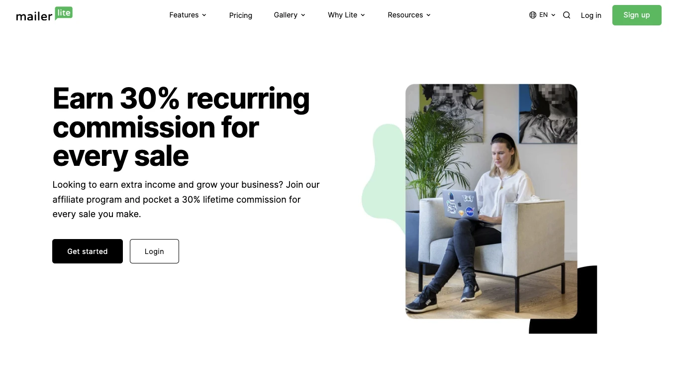 Screenshot of the MailerLite affiliate page