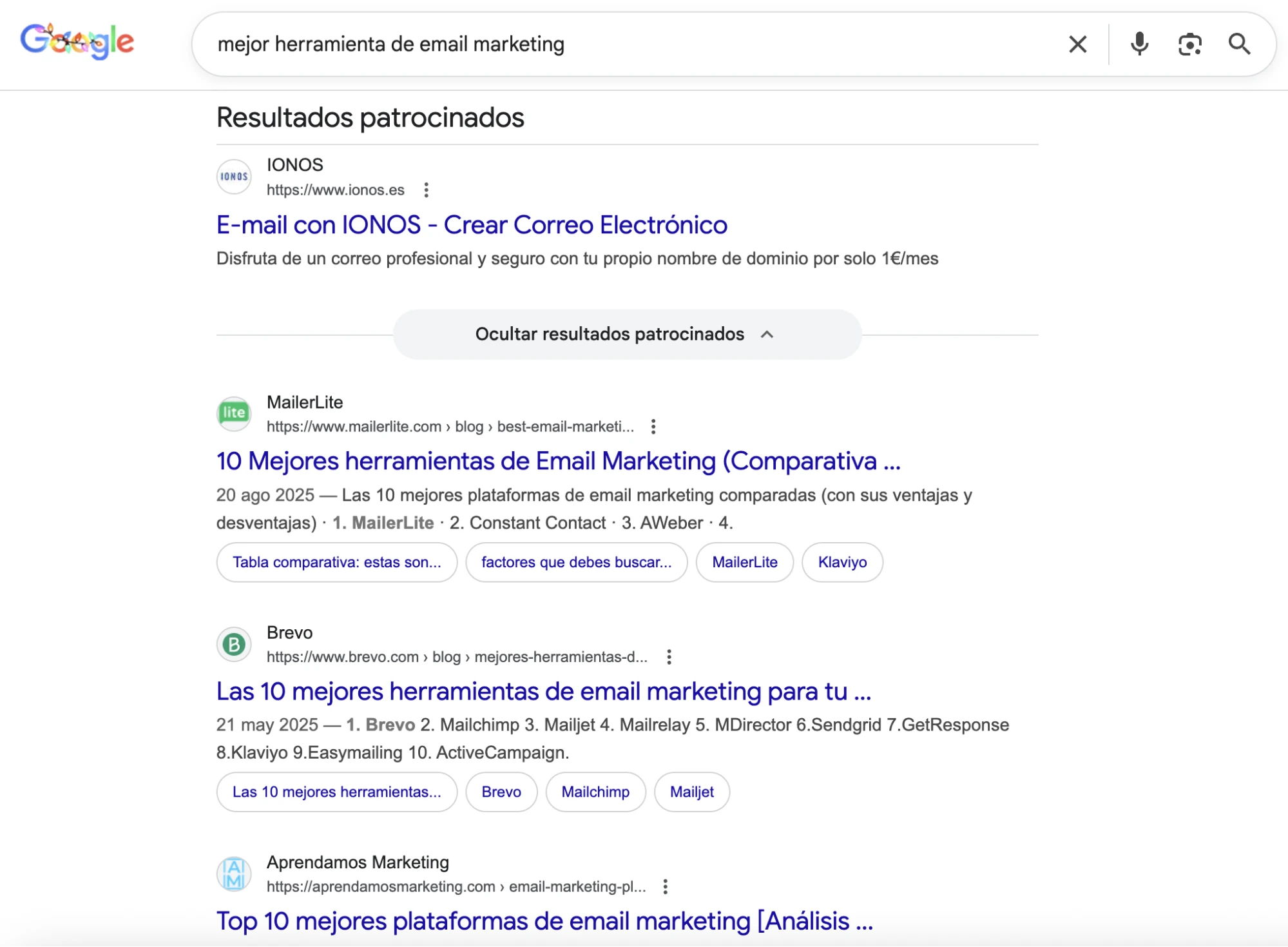vista de resultados de búsqueda en página de google