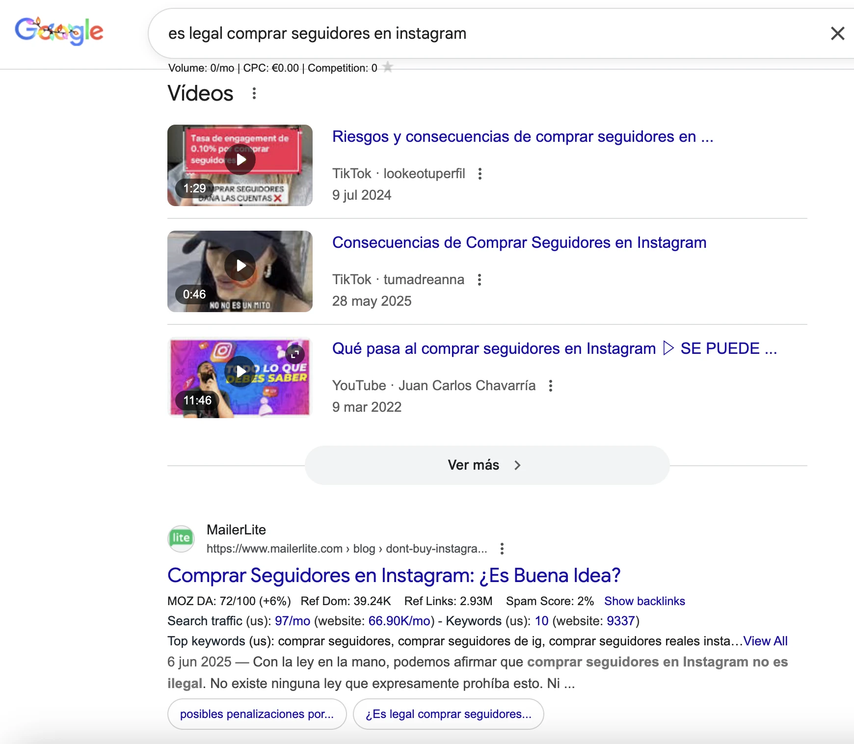 vista de resultados en página de google