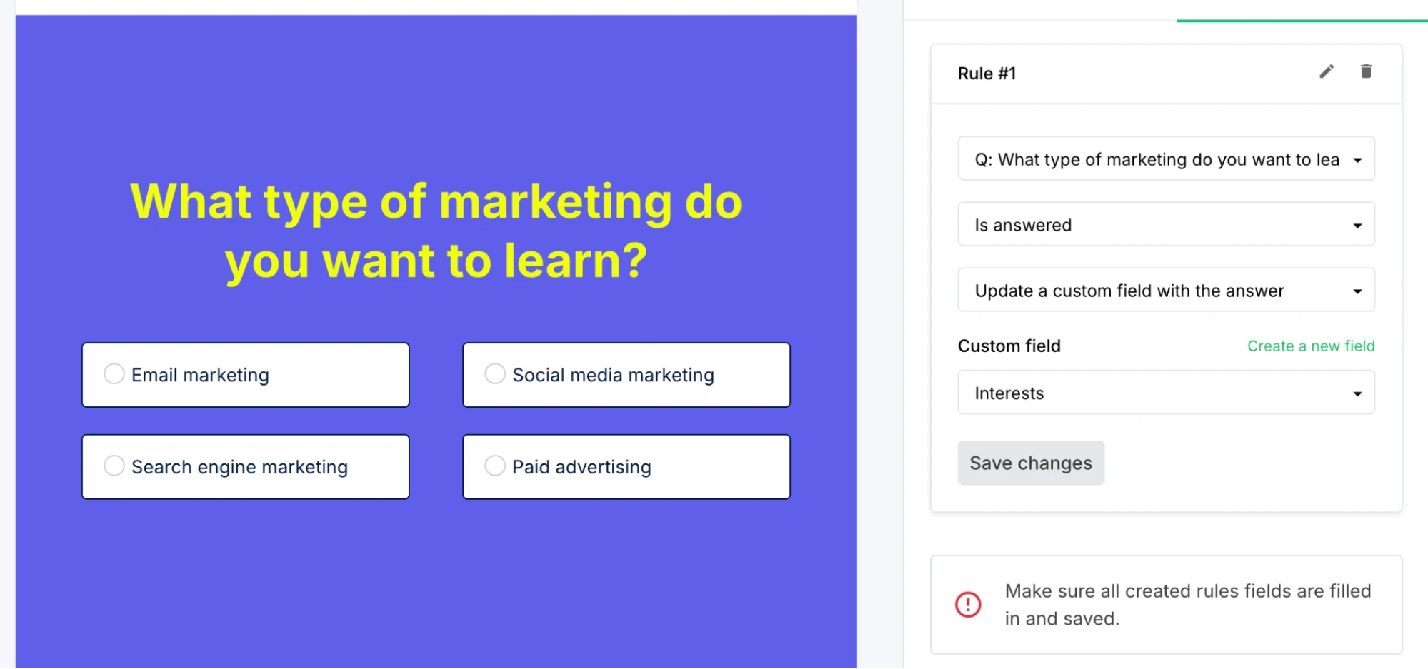 Screeenshot of a MailerLite survey with rules settings