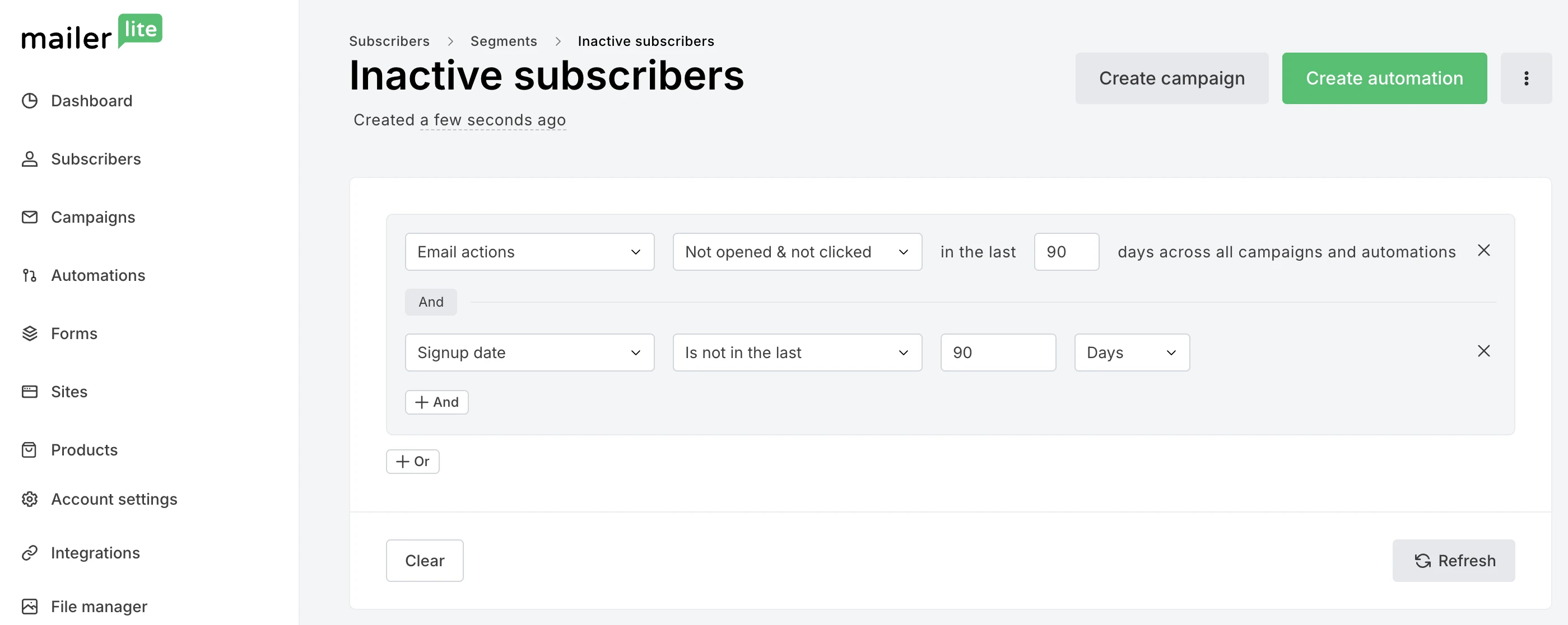 Creating a segment for inactive subscribers in the MailerLite dashboard