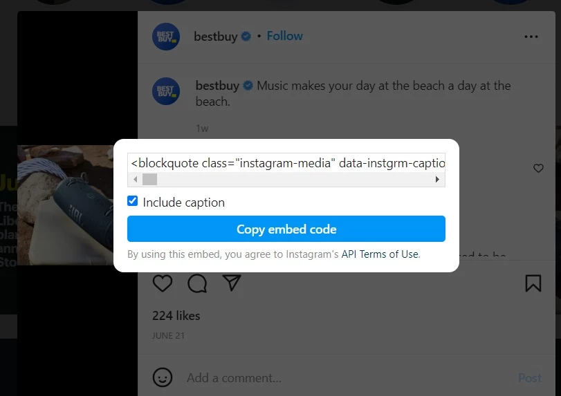 Instagram embed feature