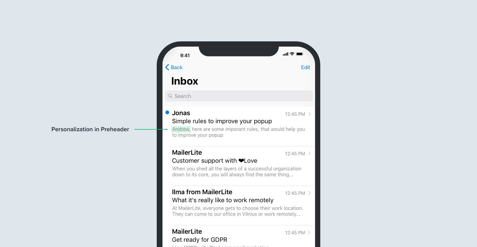 Personalized email preheader in a mobile inbox