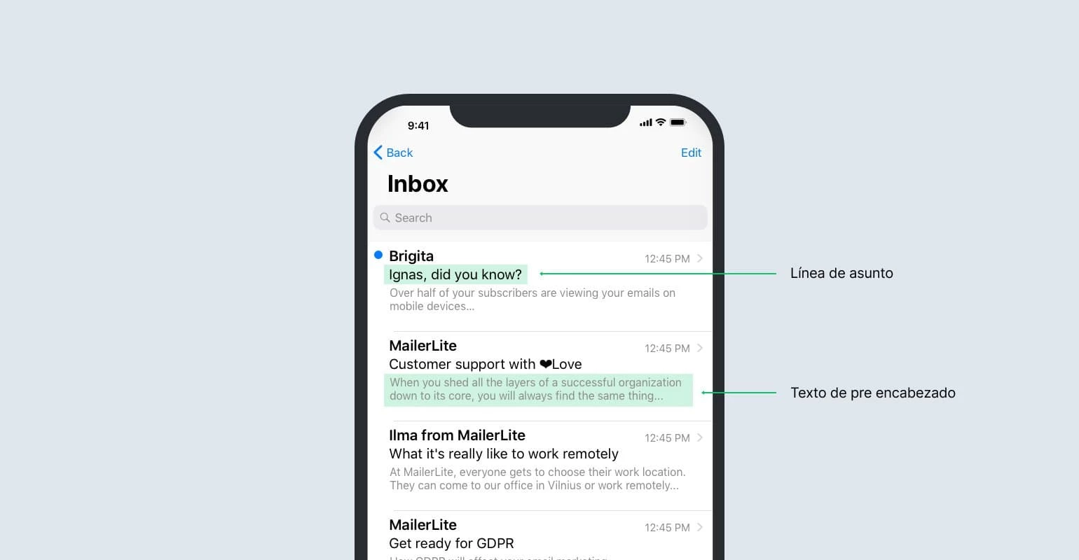 iphone vista móvil de la línea de asunto de correo electrónico con preheader optimizado - MailerLite