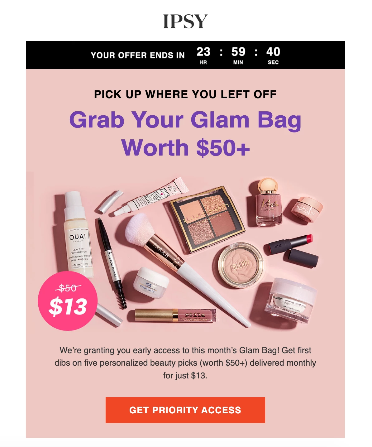 Abandoned cart email example from IPSY