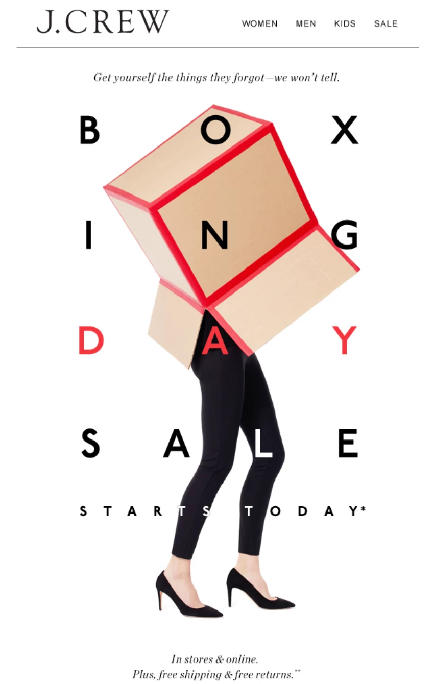 J. Crew Boxing Day email, showing a person with a box on their head