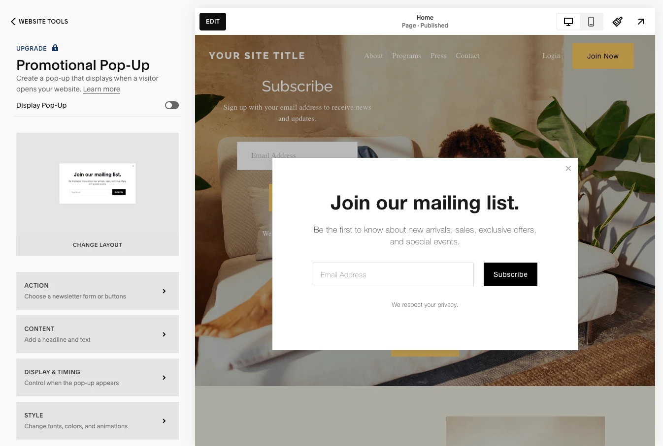 Squarespace pop-ups come with the Business plan