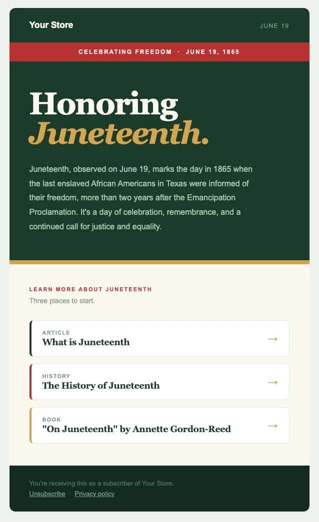 Juneteenth email with learning resources