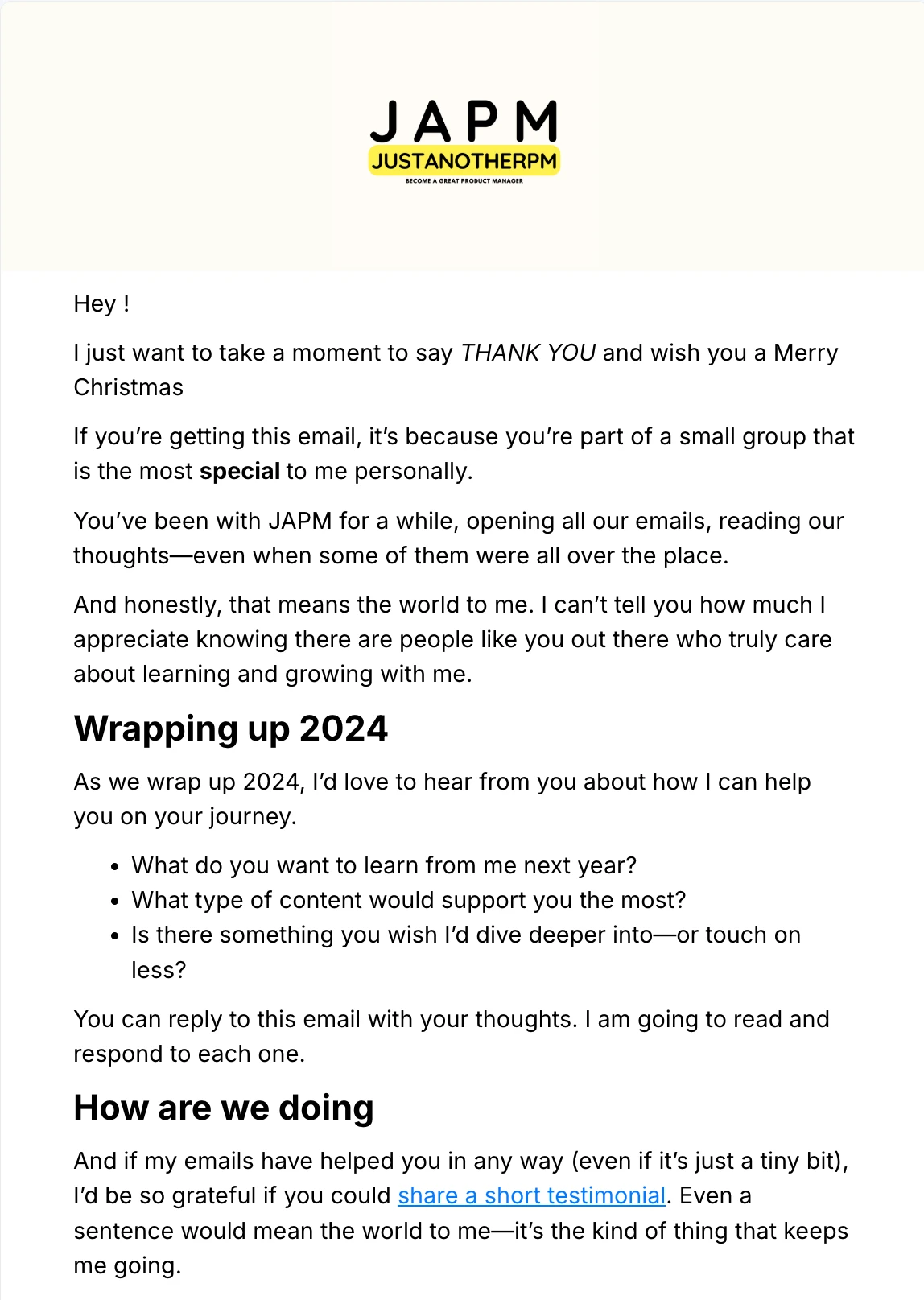 One of Just Another PM's newsletters with a request for a review. 