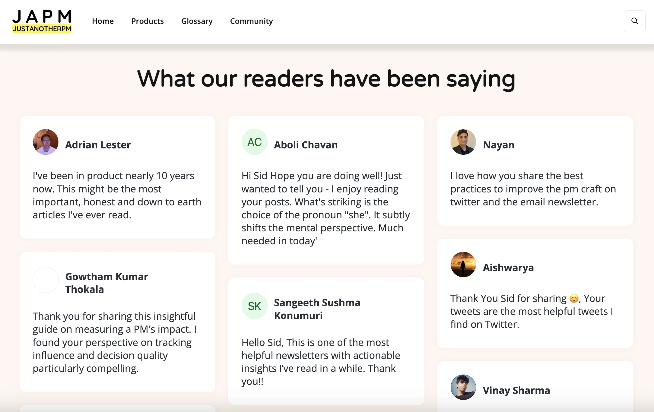 Feedback that Just Another PM shares on their website as social proof. 