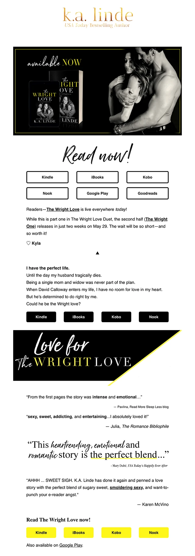 Newsletter Example with links to Kindle, iBooks, Kobo, Nook, Google Play, Goodreads