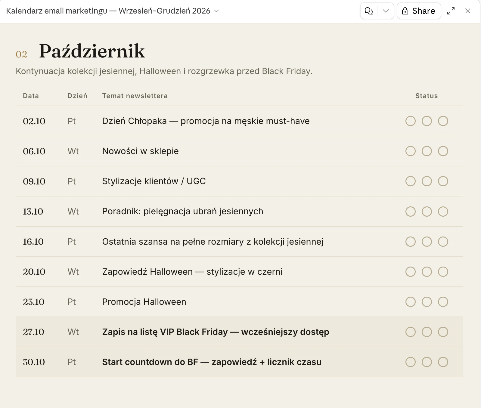 Zrzut ekranu z kalendarza contentu email marketingu przygotowanego przez Claude