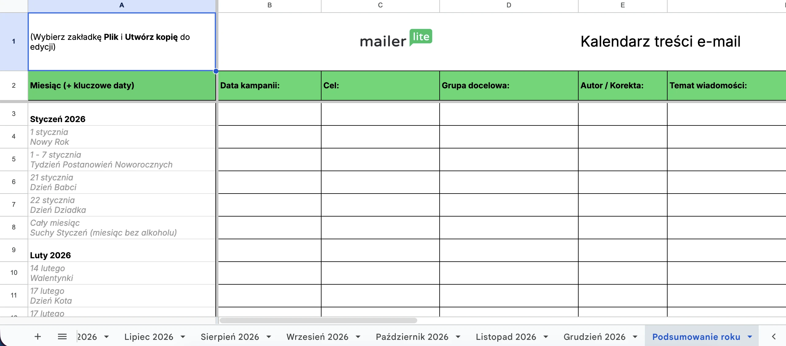 Zrzut ekranu z kalendarza e-maili MailerLite