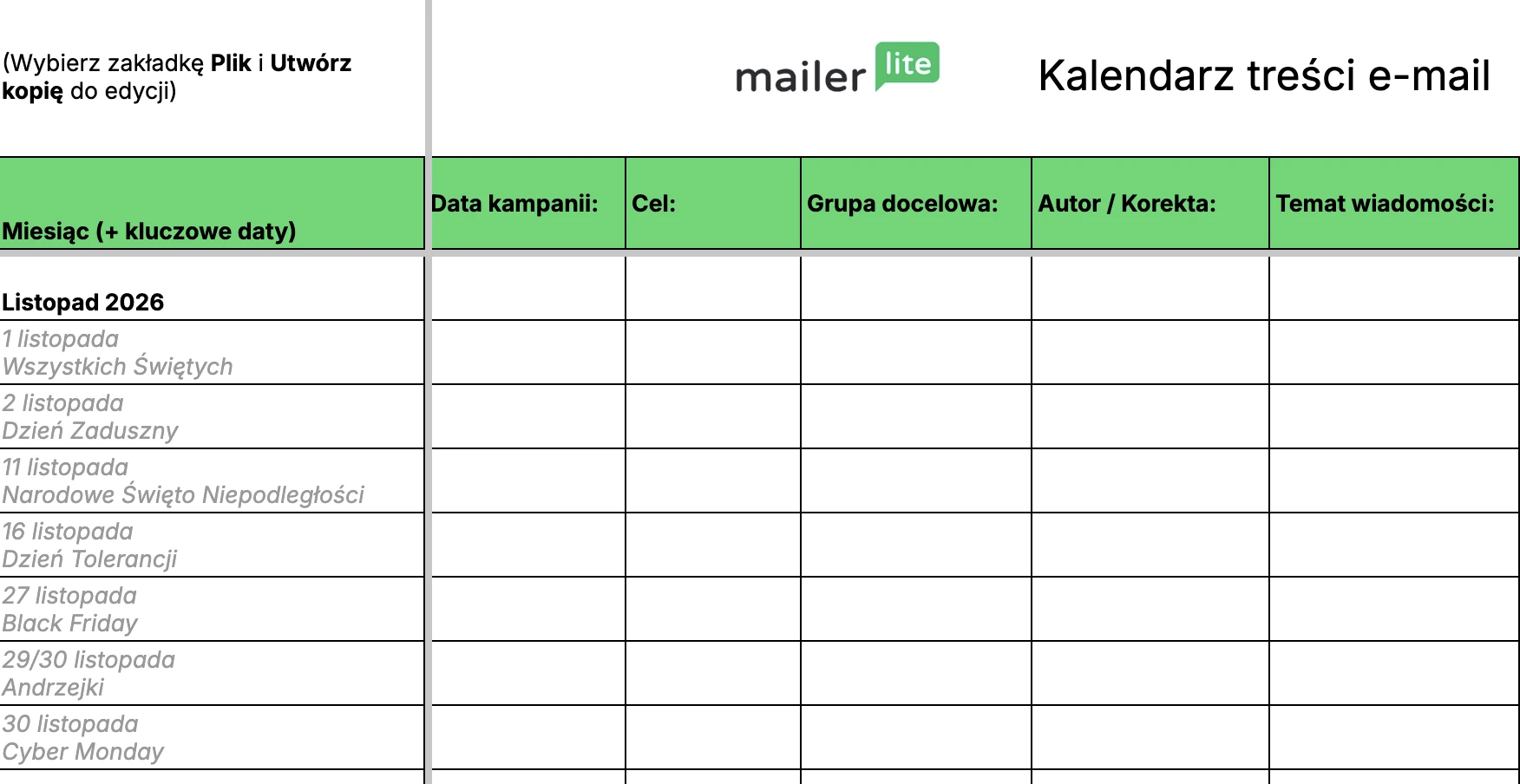 Zrzut ekranu z kalendarza od MailerLite z prezentacją dat na listopad 2026