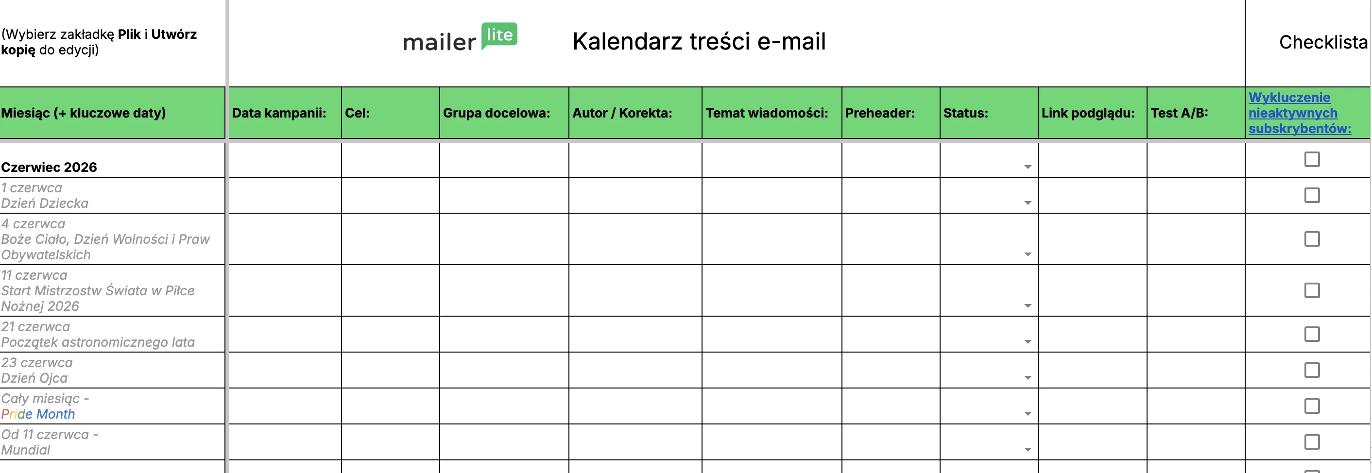 Zrzut ekranu z kalendarza MailerLite