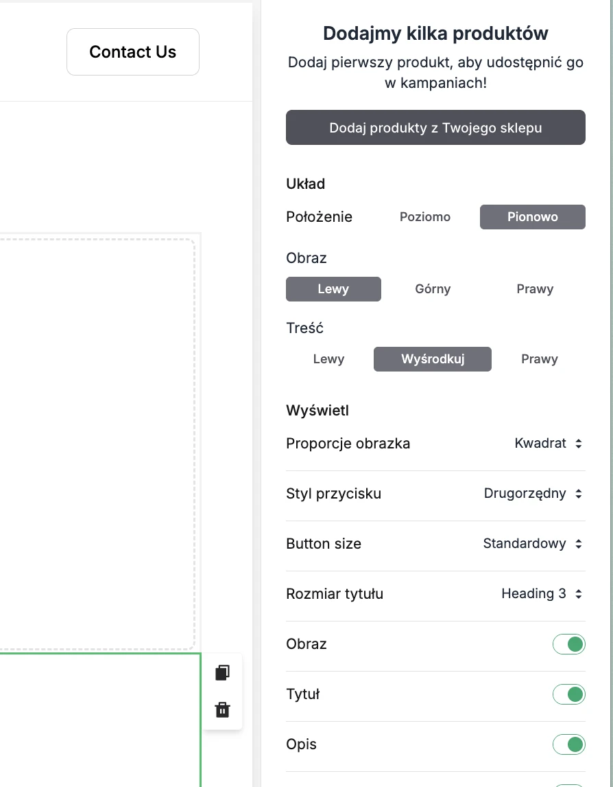 Screenshot prezentujący opcję dodawania produktów do landing page'a