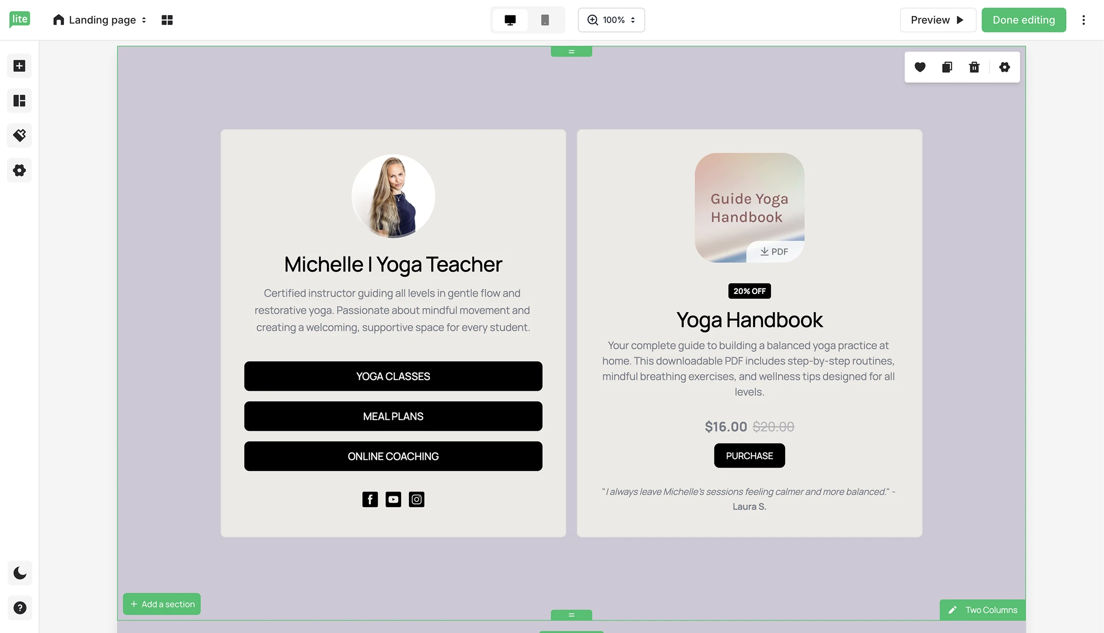 A landing page with a product block