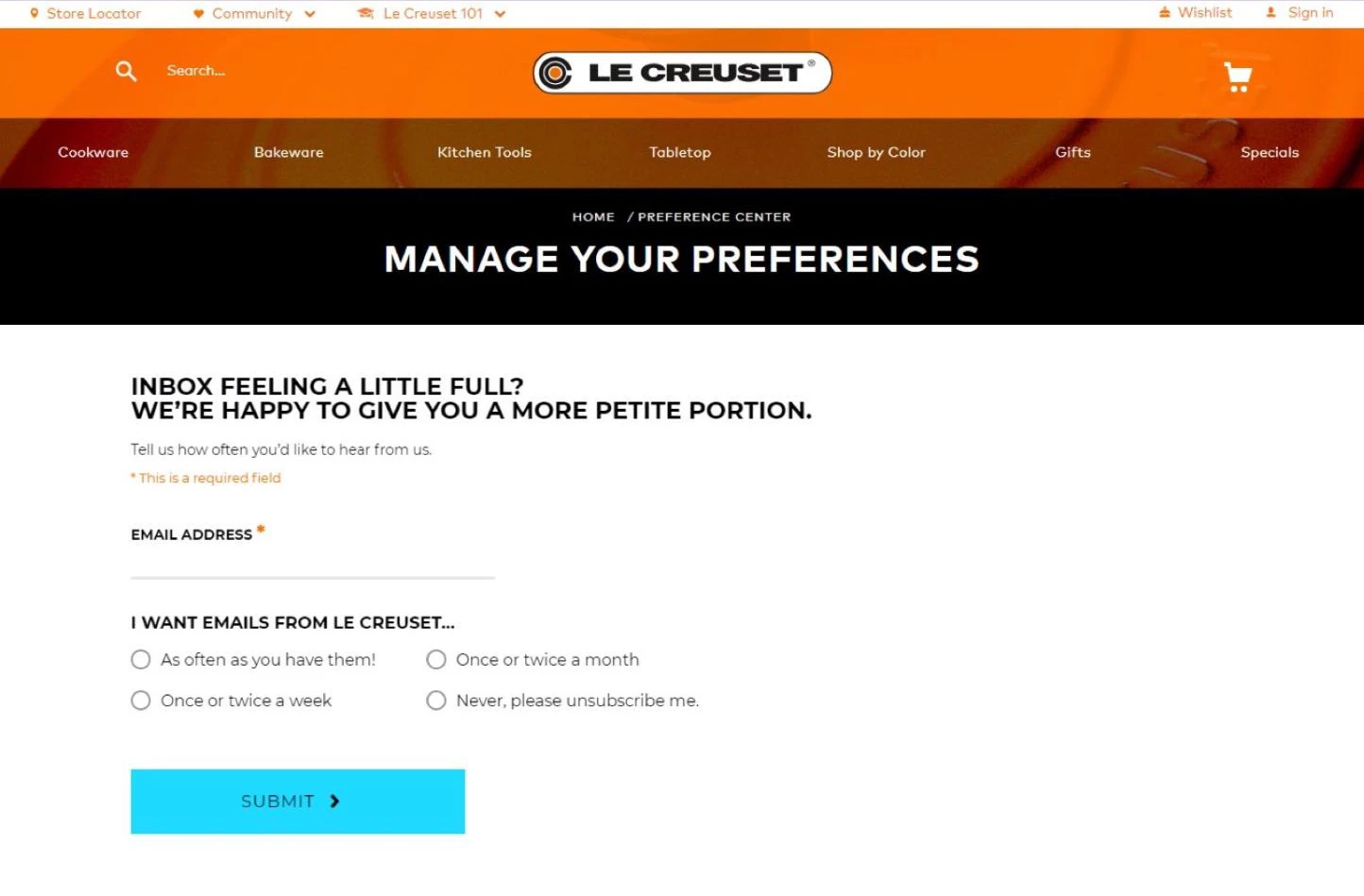 Le Creuset unsubscribe page example