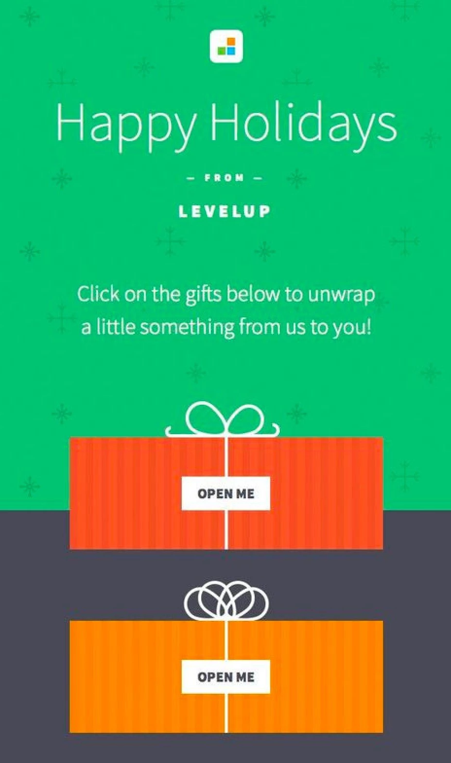Levelup Christmas newsletter example orange present wraps green background