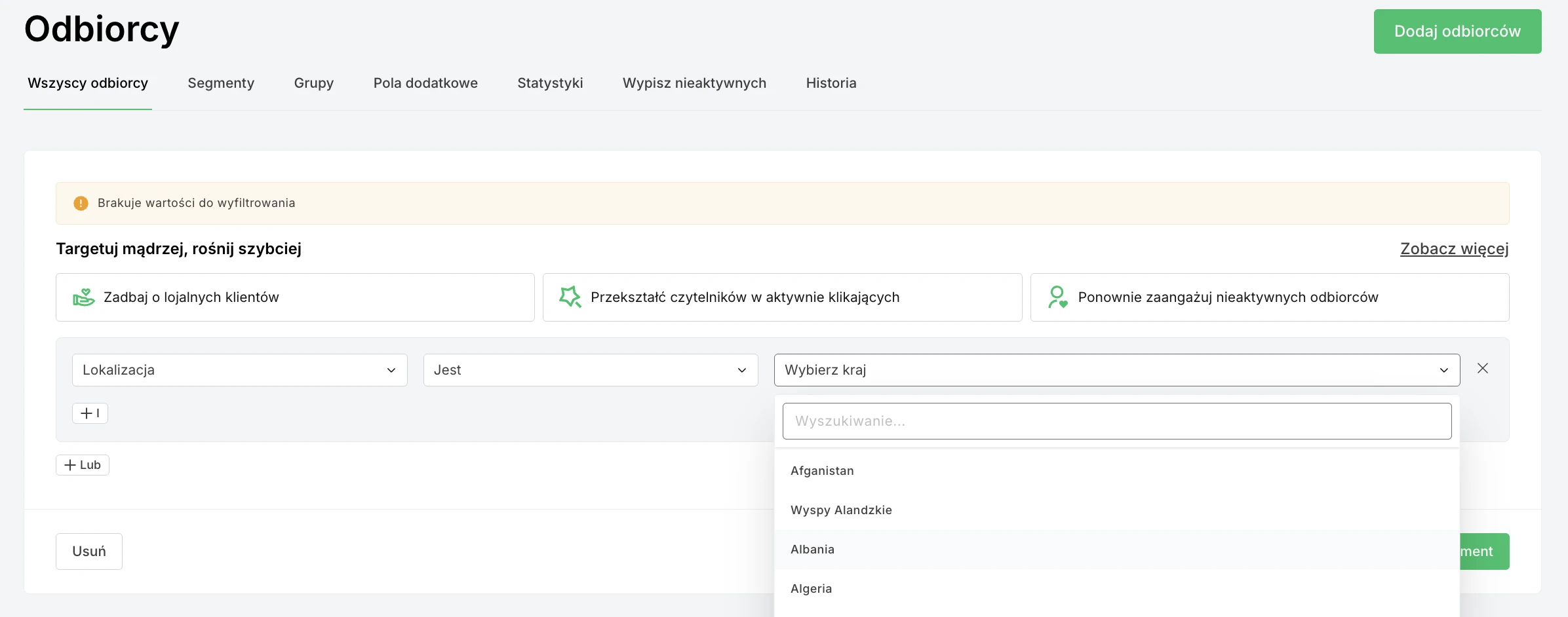 Wybór kraju subskrybenta w segmencie lokalizacji