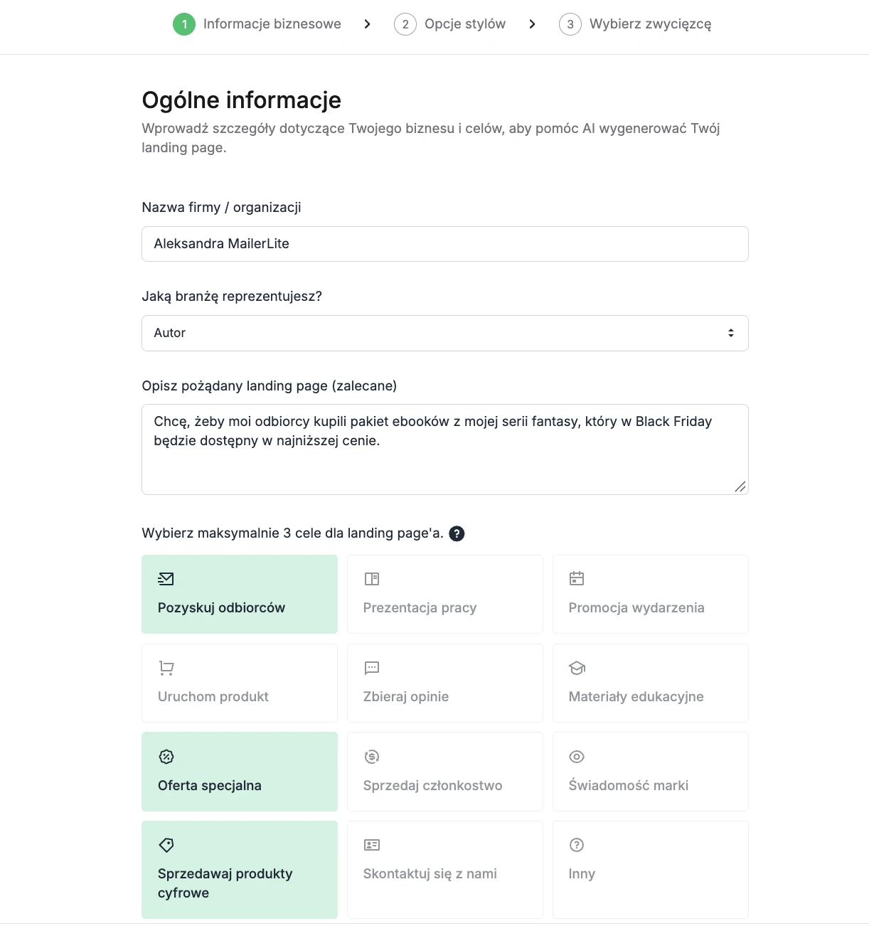 Zrzut ekranu z kreatora landing page'y AI w MailerLite - etap opisywania, co ma znaleźć się na stronie