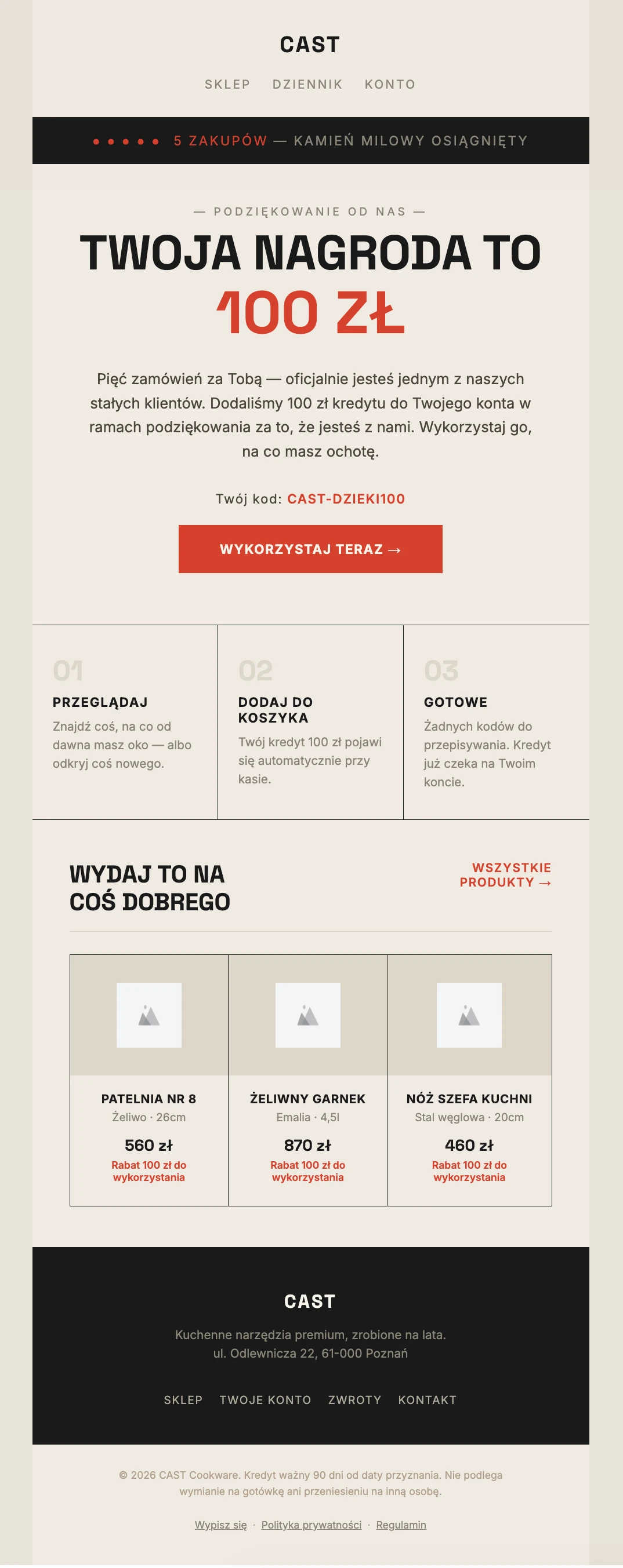 Przykład emaila z nagrodą za regularne zakupy w sklepie