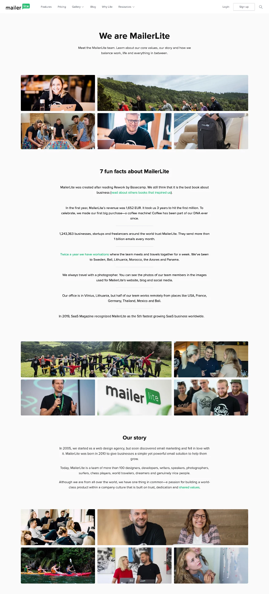 MailerLite about page example showing photos of team members 7 fun facts and our story