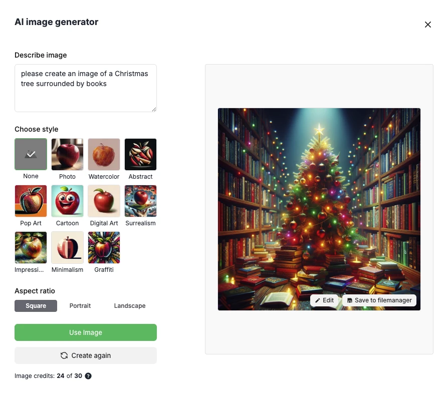 Screenshot showing the UI for generating AI images in MailerLite